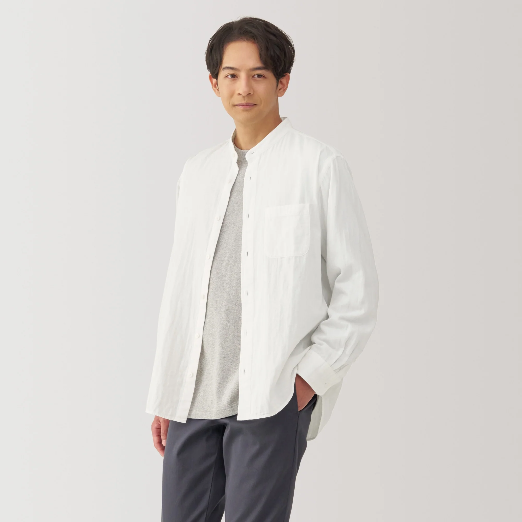 Men's Kapok Blend Double Gauze Stand Collar Long Sleeve Striped Shirt - Image 3